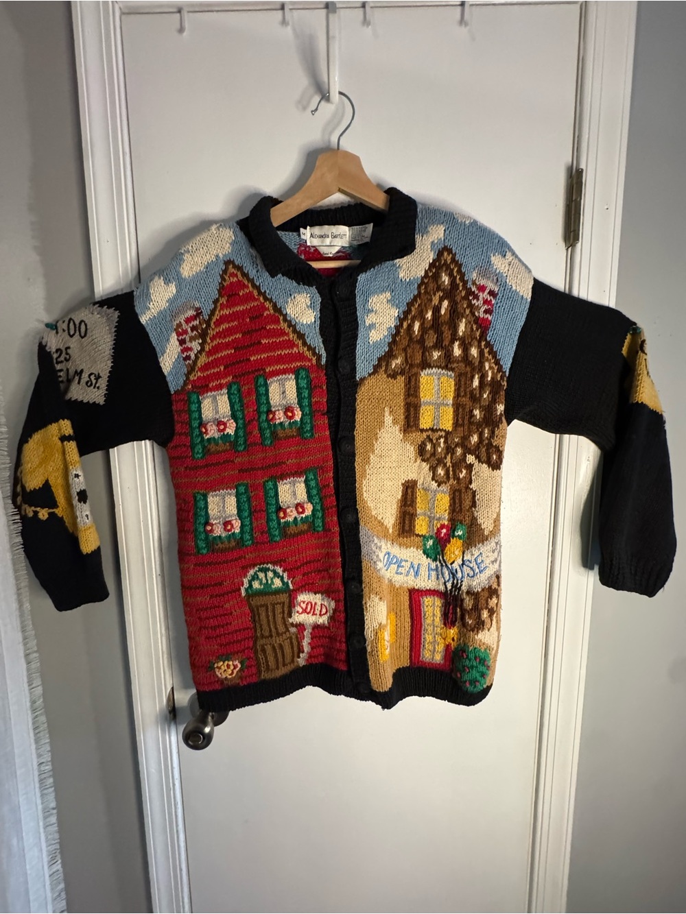 Vintage 90s Novelty Hand Knit Cardigan “Open House/Moving Theme”